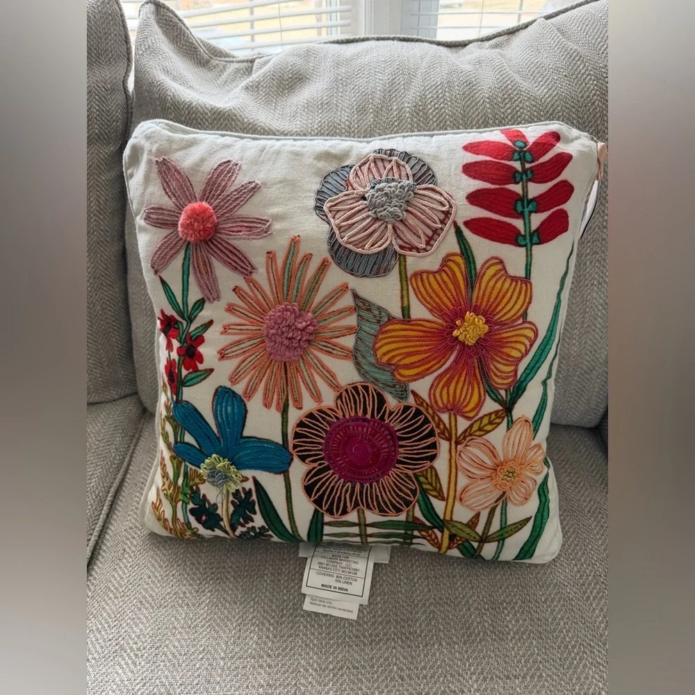 Floral Embroidered throw pillow by Geninne Zlatkis/ Cotton/Linen